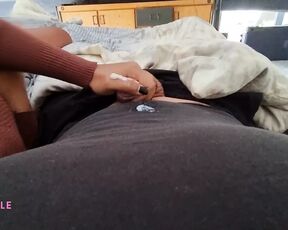 I gave him a harsh handjob in the bed